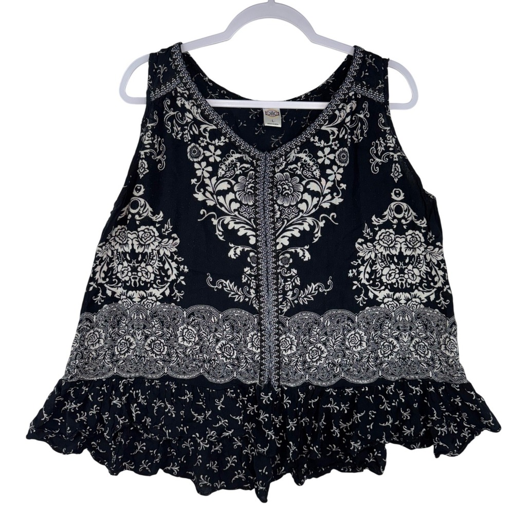 Bila Womens Black White Damask Floral Sequin Trim Ruffle Hem Tunic Top Large - Picture 2 of 8